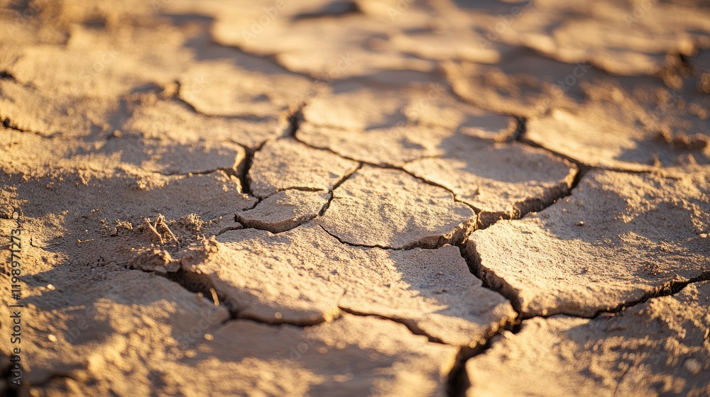 Poster Desert floor close-up showcasing cracked dry earth texture with warm golden tones and ample empty space for overlay text and design elements.