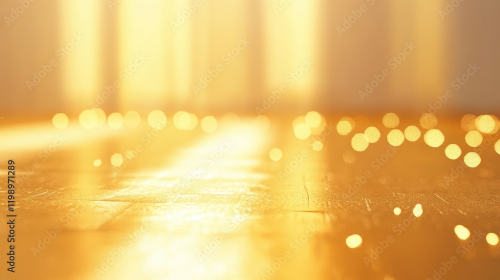 Aufkleber Golden Hour Evening Sunlight Casting Warm Hues on Wooden Floor with Soft Bokeh Effect and Empty Space for Text in Background