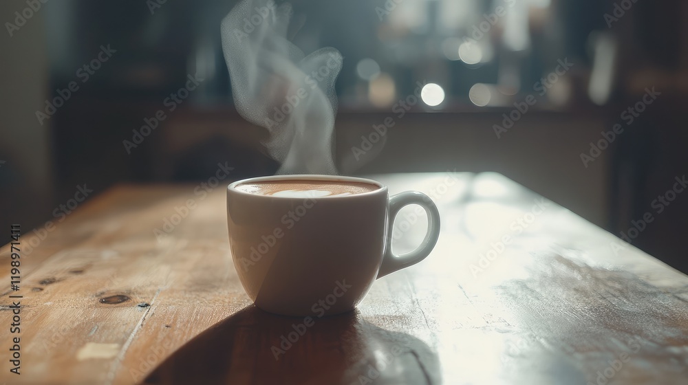 Poster close up of steaming white coffee cup on rustic wooden table with soft sunlight and empty space for 