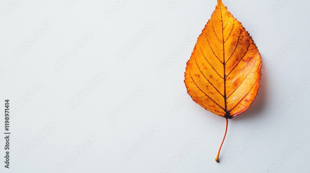 Aufkleber Macro close-up of a vibrant orange leaf positioned on a pristine white background with ample negative space for text and design elements.