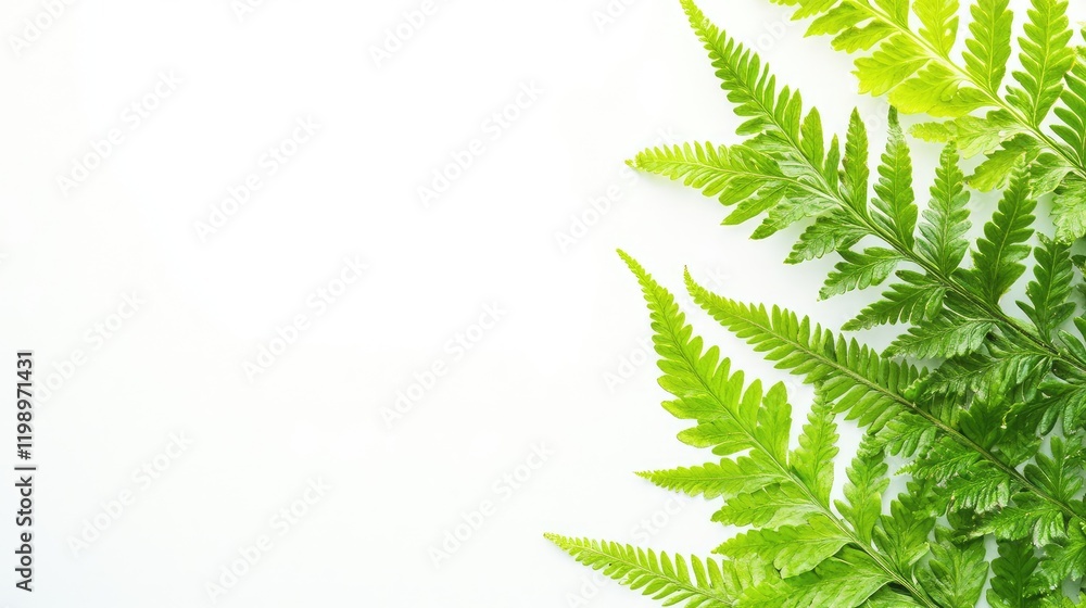 Poster Close Up of Vibrant Green Fern Leaves on Light Background with Negative Space for Text in Top Right Corner