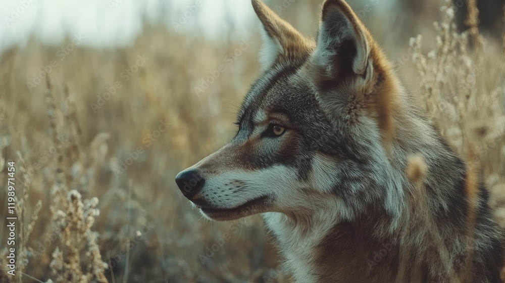 Poster close-up profile of a majestic young wolf in a soft focus natural habitat surrounded by golden grass