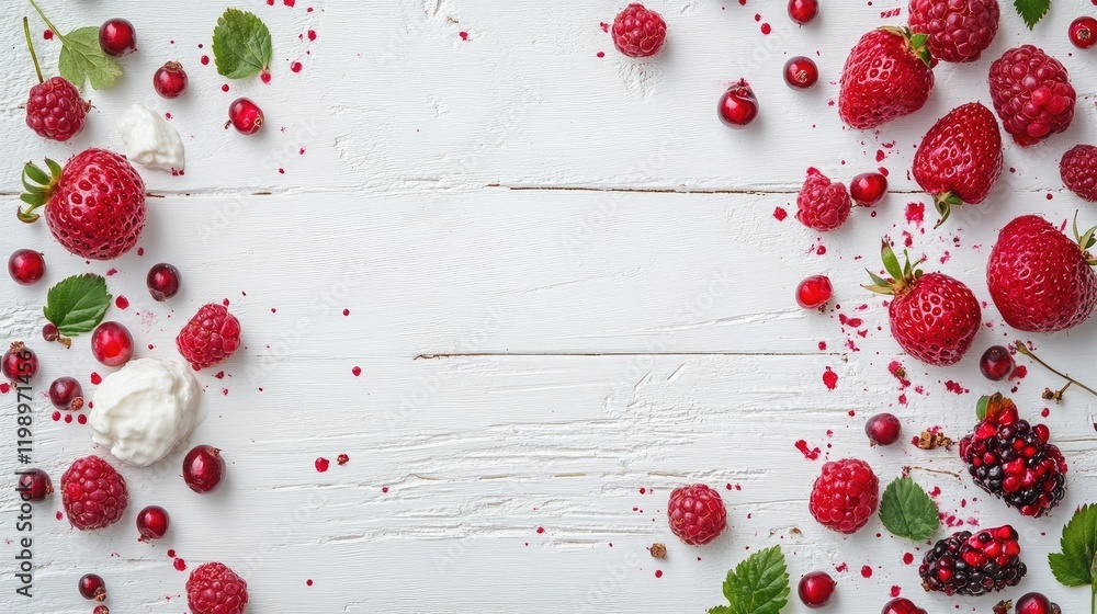 Poster fresh yogurt with vibrant red berries on a rustic white wooden surface surrounded by colorful fruit 