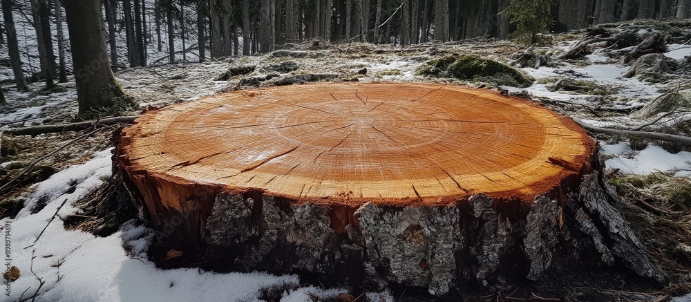Poster close up of a vibrant orange tree stump displaying detailed annual rings and textured bark in a snow