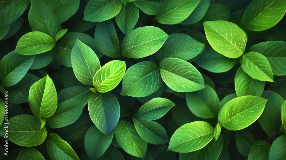 Aufkleber Lush green tropical leaves arranged in a dense pattern on a dark background providing ample copy space for text in a nature-themed design.