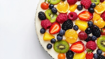 Obraz premium Close-up view of a fresh vanilla cream cake adorned with vibrant assorted fruits including strawberries, blueberries, and kiwi, against a clean white background