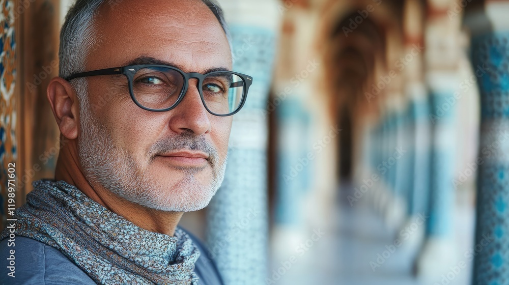 Poster middle aged man with glasses in soft natural light outdoors against ornate mosque architecture with 