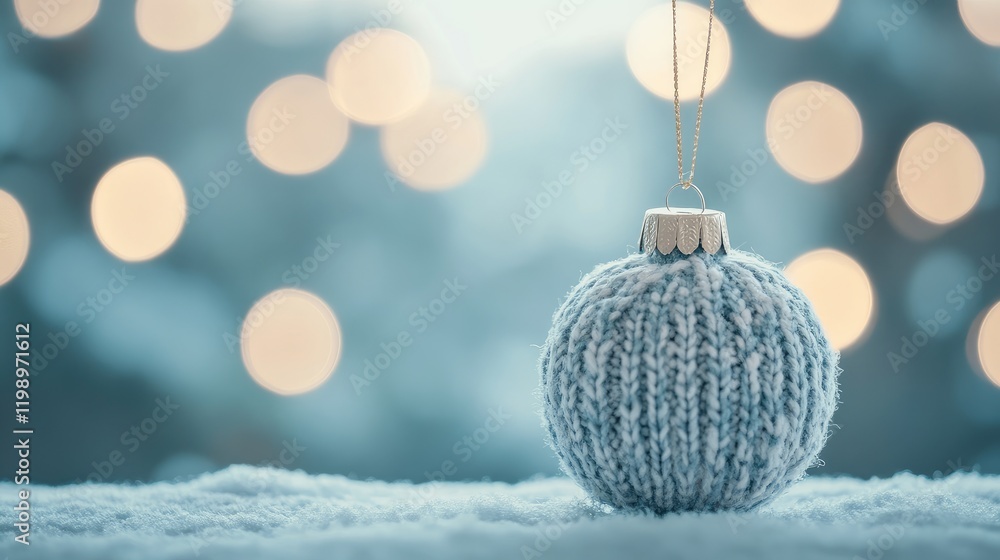 Poster close up of a knitted blue christmas ornament on soft snow with a soft blue bokeh background and emp
