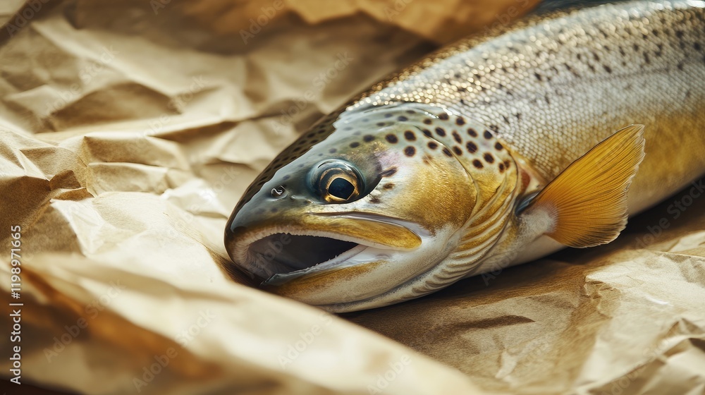 Poster close up of fresh brown trout fish on crumpled brown paper mockup with ample empty space for text an