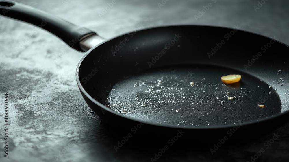 Poster close up of empty black frying pan on textured gray countertop with residue from crispy fried potato