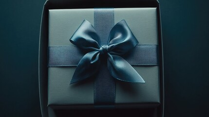 Elegant Close-Up of a Wrapped Gift Box with a Blue Satin Ribbon on a Dark Surface with Negative Space for Textual Overlay
