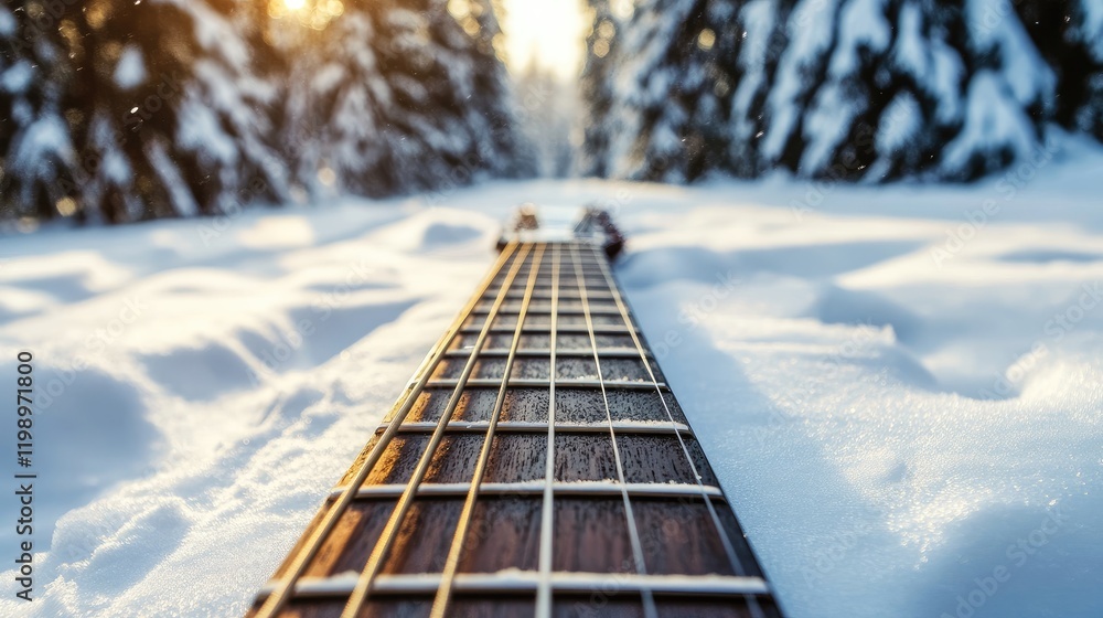 Poster close up of acoustic guitar fretboard and strings on snow-covered ground with blurred evergreen tree