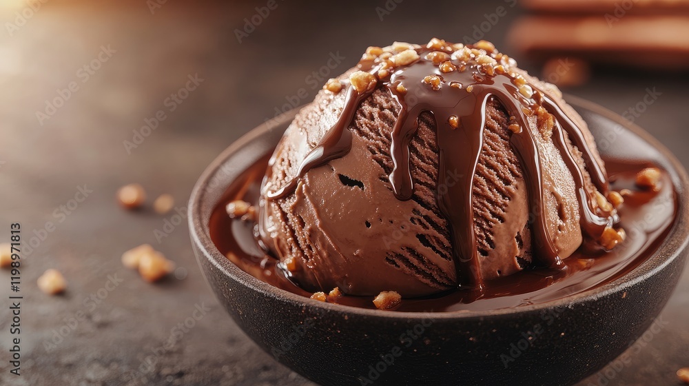 Poster close up of rich brown chocolate ice cream sphere with glossy chocolate sauce and crunchy nuts in a 