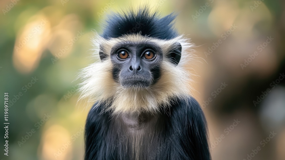 Poster Close-up portrait of an Asian black monkey with distinctive facial features and expressive eyes, set against a blurred natural background with soft bokeh effects.