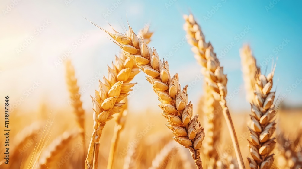 Aufkleber close up of golden wheat stalks against a blue sky during autumn harvest with bright sunlight and em