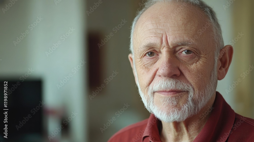 Poster close up portrait of elderly man with gray beard in warm toned home interior featuring soft natural 