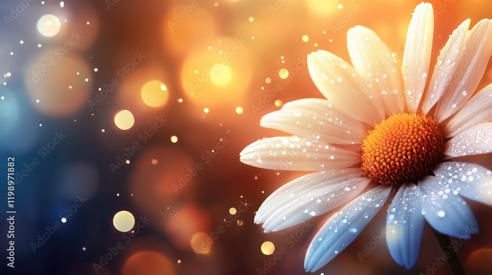 Poster delicate daisy flower with raindrop droplets on petals glowing softly against a blurred dark backgro