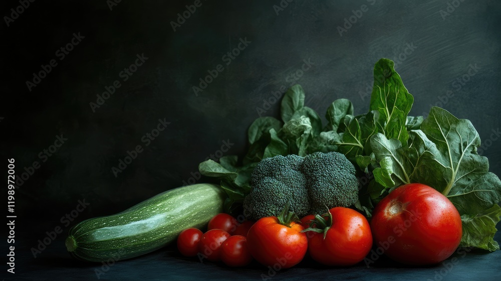 Poster fresh green vegetables and vibrant red tomatoes arranged on dark textured background with copy space