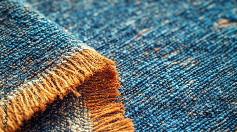 Poster close-up of distressed blue and orange jute carpet with worn texture and soft frayed edge, ideal for