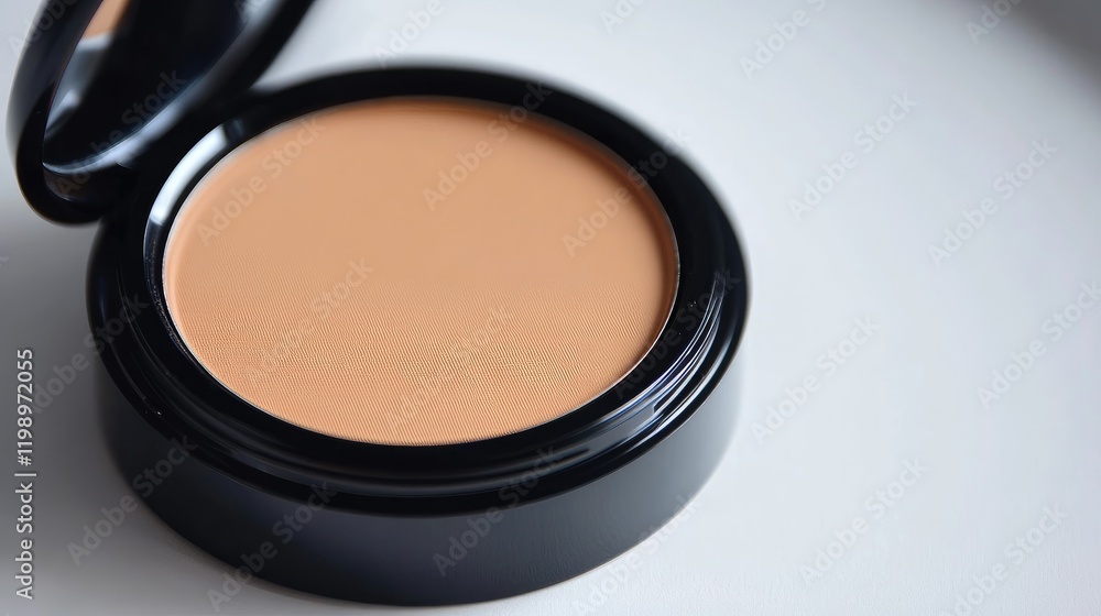 Poster Close up of a black makeup product case with a beige creamy foundation shade on a soft white surface with ample empty copy space for branding and text