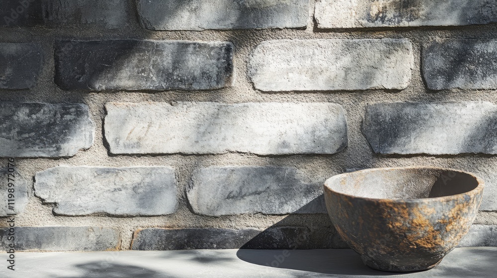 Poster Detailed close-up of gray textured brick wall with light shadows and empty space for text alongside rustic stone bowl in natural sunlight.