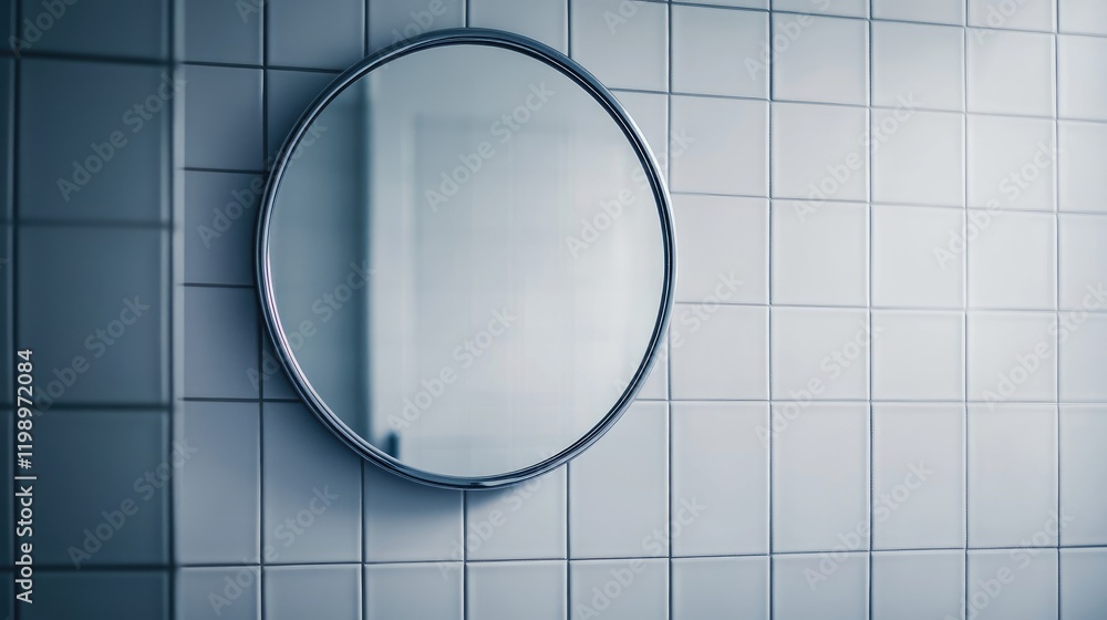 Poster circular reflective shower mirror mounted on a light blue tiled wall with empty copy space for text,