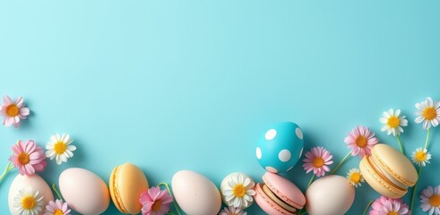 Easter eggs, macarons, and daisies arranged on pastel blue background. Flat lay composition with copy space