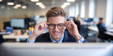 Obraz premium Young Professional Adjusting Glasses in Modern Office Workspace. A young professional in a suit adjusts his glasses while working at a computer in a bright, modern office.