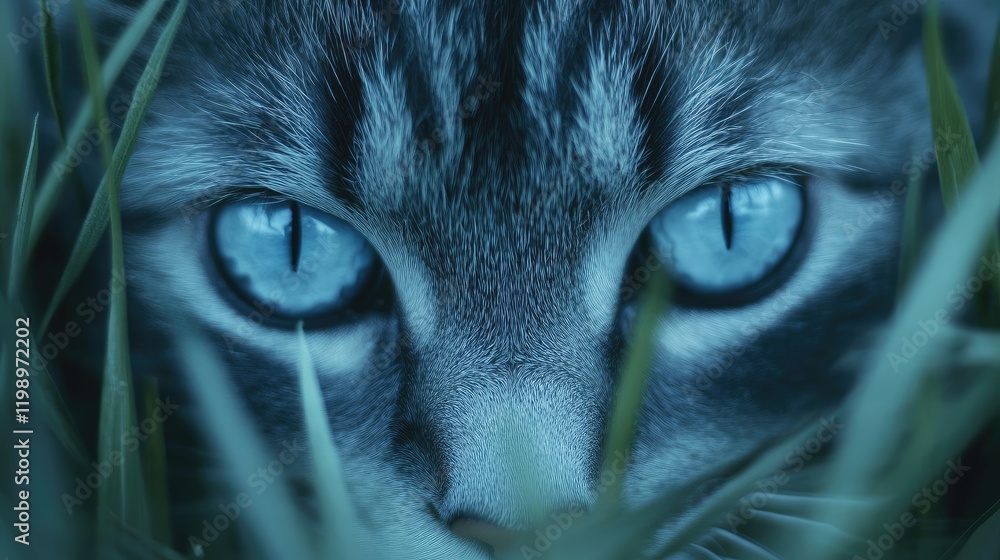 Poster close-up of a cat's striking blue eyes peering through lush green grass with soft focus background a