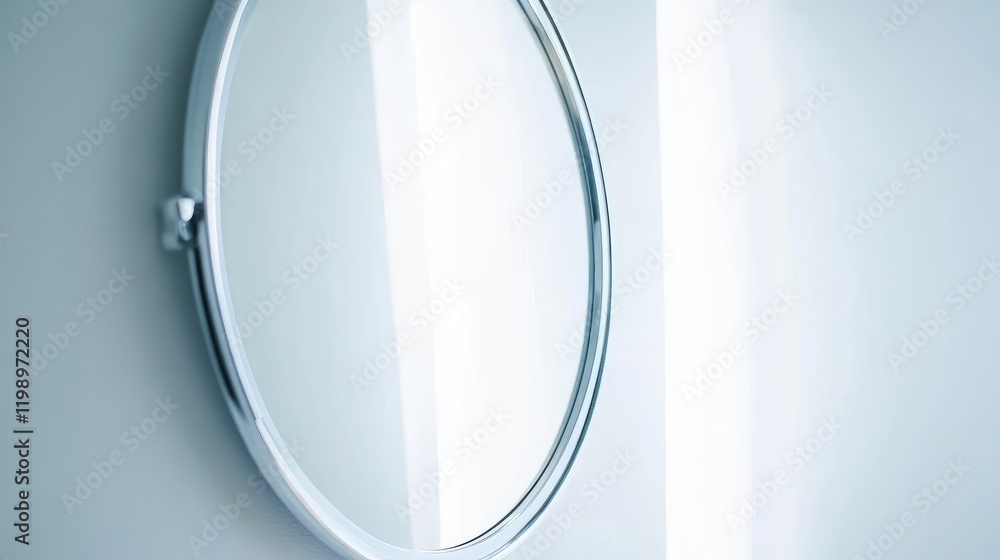 Aufkleber Professional Circular Mirror Reflecting Light in Minimalist White Studio Space with Empty Area for Text and Personalized Branding Opportunities