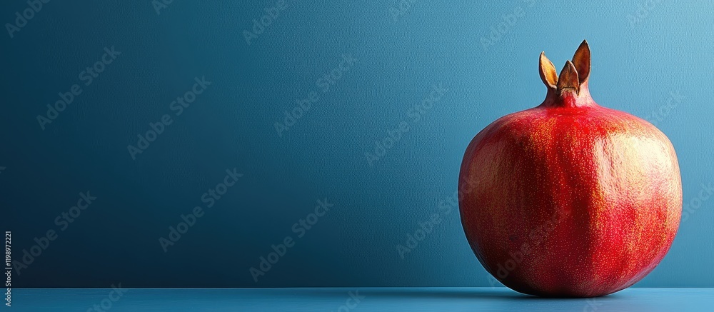 Poster vibrant close-up of a ripe red pomegranate against a calming blue background highlighting healthy fo