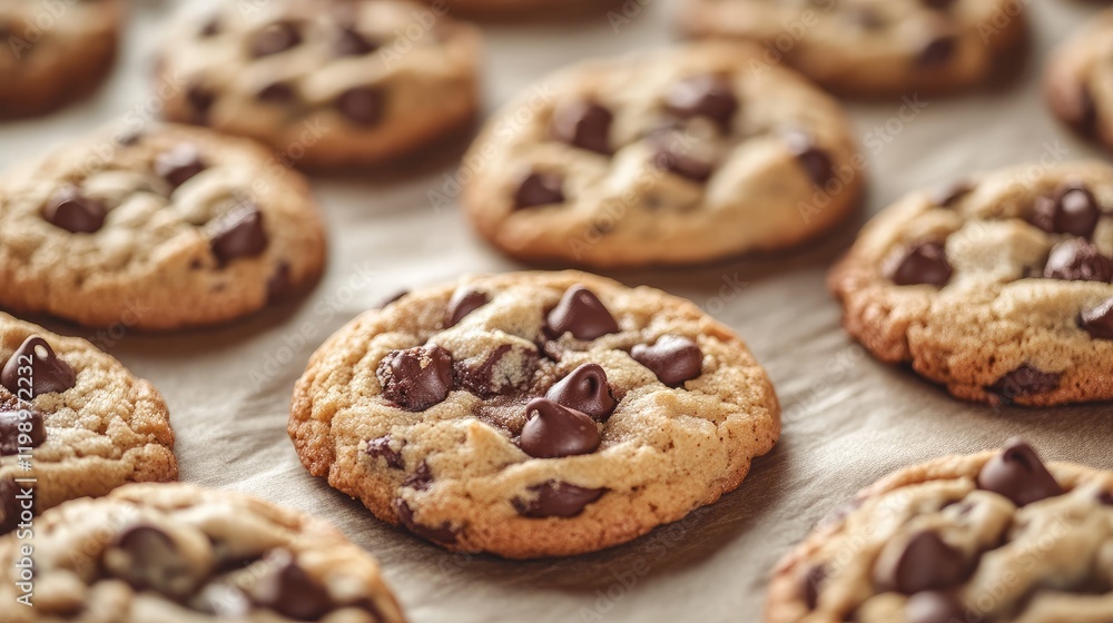 Poster freshly baked chocolate chip cookies on brown parchment paper with soft focus background and empty s