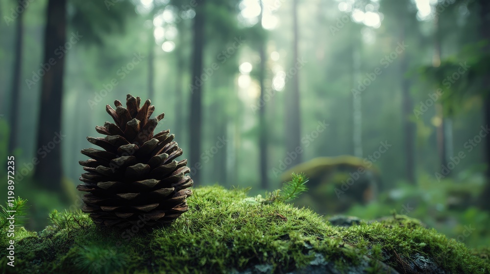Poster Close up of detailed brown pine cone on green moss with blurred green forest backdrop and empty space for text in soft natural light