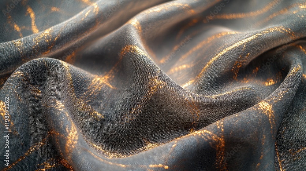 Aufkleber Close up of textured grey fabric with gold highlights and shine ideal for home decor with smooth drapes and ample empty space for text