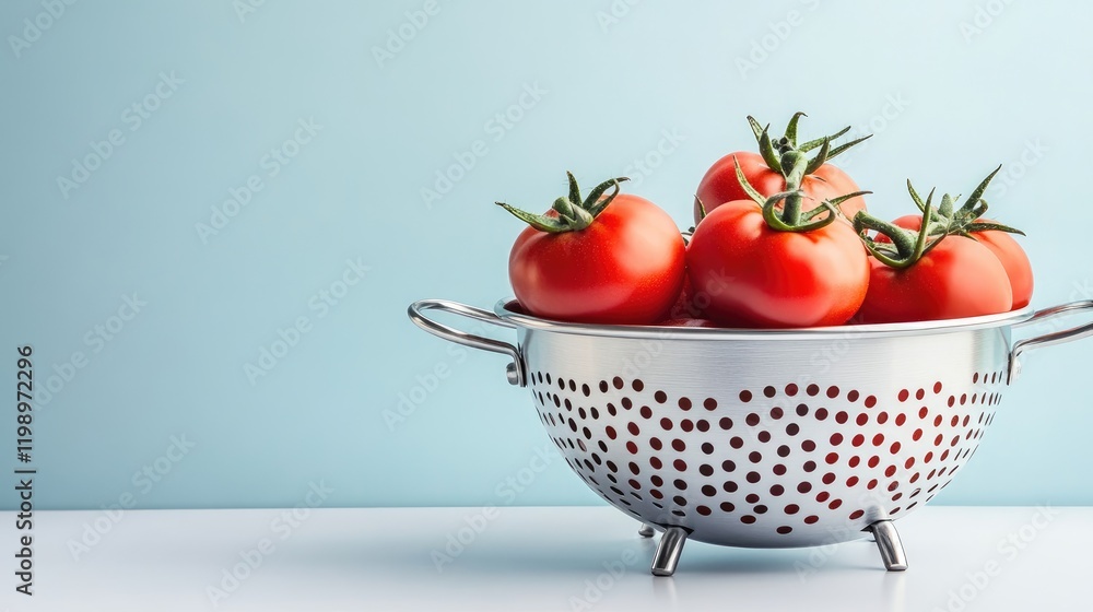 Poster fresh red tomatoes in a steel colander on a light blue background with summer gardening vibes and em
