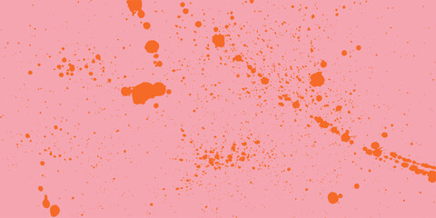 Dusty pastel pink background with retro halftone effect, orange ink stains, paint splashes and grunge drip texture