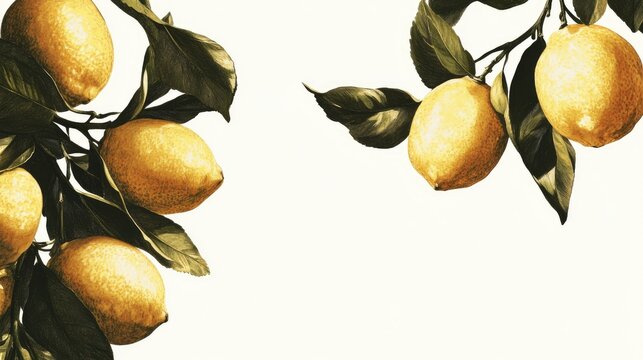 Vibrant close-up of ripe yellow lemons with lush green leaves arranged artistically against a neutral white background, ideal for culinary or beverage designs.