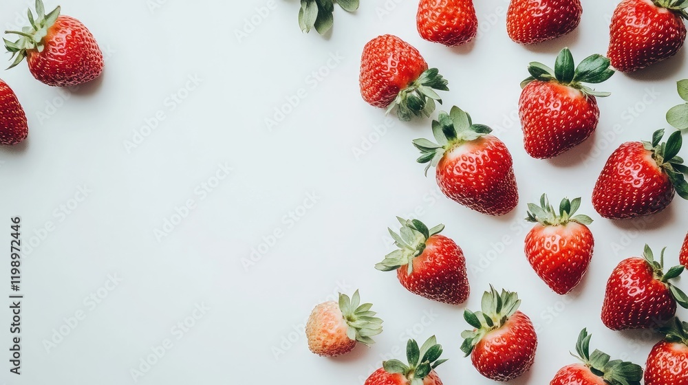 Poster fresh ripe strawberries arranged on a light gray background with ample copy space for text showcasin