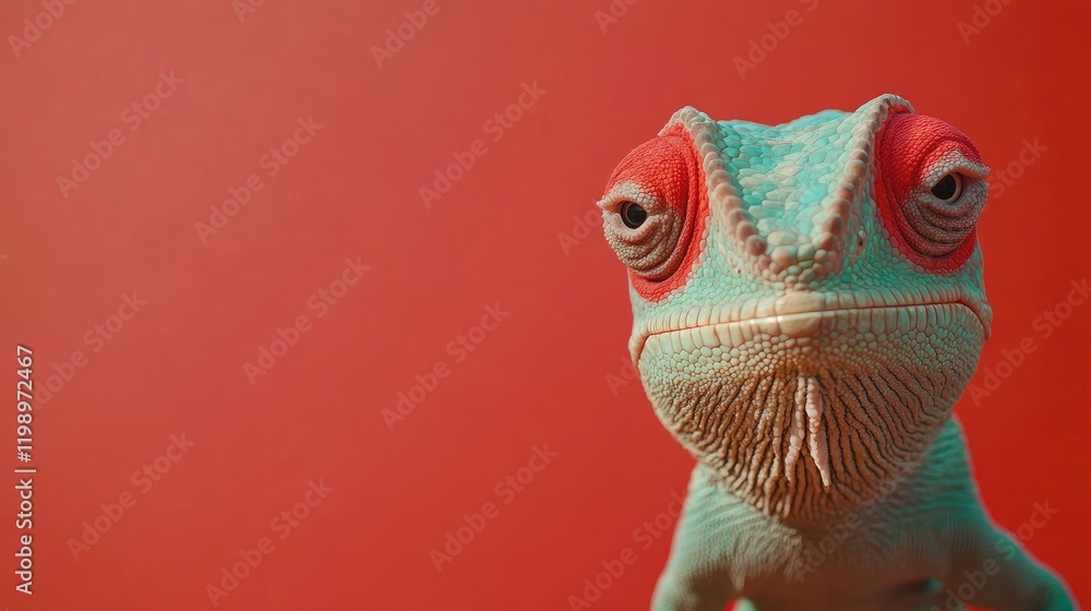 Poster Close up view of a vibrant turquoise chameleon with red eyes intensely gazing at the camera against a bold red background with empty space for text
