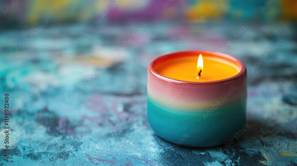 Poster vibrant close-up of a handmade aromatic candle in a gradient pink and teal container with a soft glo