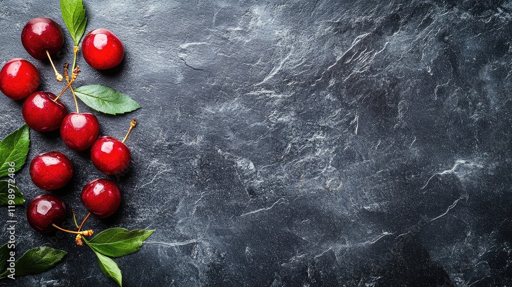 Poster fresh red cherries with green leaves arranged on dark stone background with ample copy space for tex