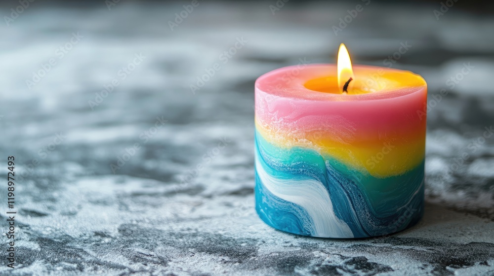 Poster vibrant multicolored aromatic wax candle with warm flame on textured gray surface creating serene at