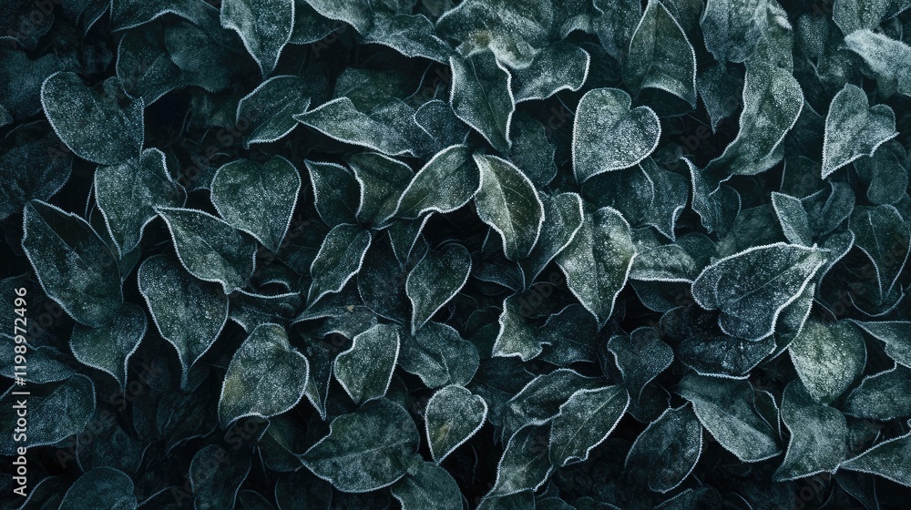 Poster frosted dark green foliage background in winter with intricate texture and empty space for text, sho
