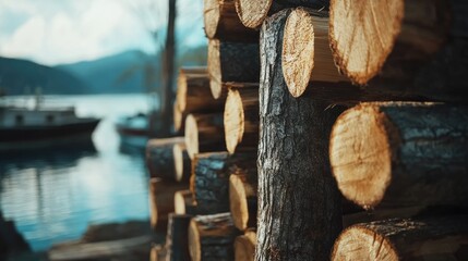 Freshly Cut Stacked Logs on Tranquil Lake Shore with Overlapping Tree Rings and Soft Blue Mountain Background for Text Space