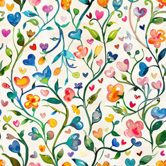 Fototapeta premium Whimsical floral pattern with colorful hearts and vibrant flowers