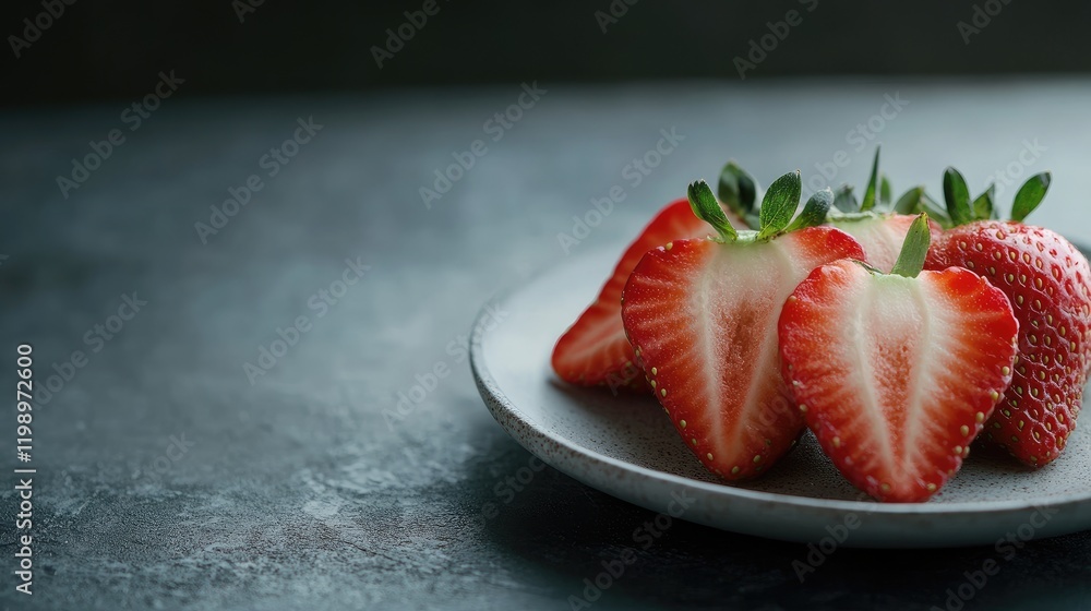 Poster freshly sliced red strawberries on light grey plate against dark textured background with empty spac