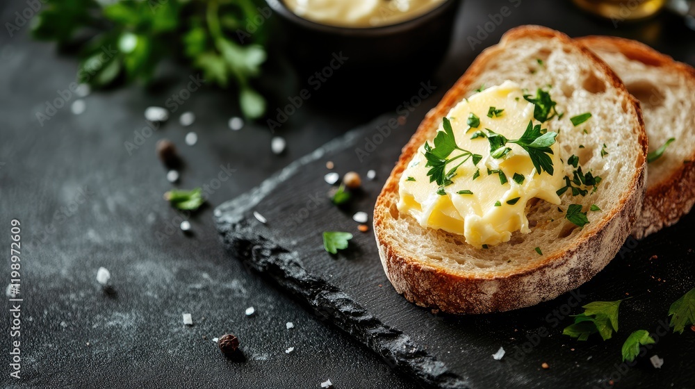 Poster Close up of toasted white bread slice topped with butter and fresh herbs on a dark slate background with empty space for text