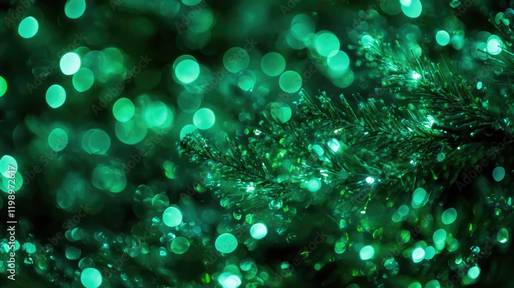 Poster close-up of a beautifully illuminated christmas tree in emerald green tones featuring soft glowing l