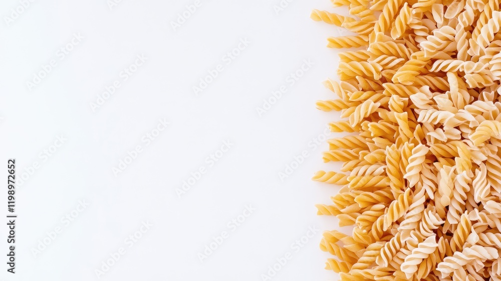 Aufkleber close up of colorful fusilli pasta in yellow and beige hues arranged on a clean white background wit