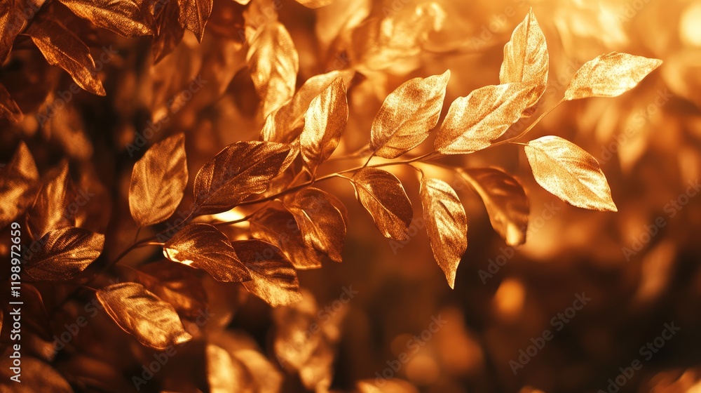 Aufkleber Close up of shimmering golden autumn leaves illuminated by warm sunlight in a soft bokeh background with ample copy space for text